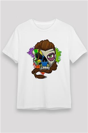Caveira Baskılı Unisex Beyaz Tişört - Tshirt