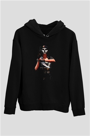 Caveira Baskılı Unisex Siyah Kapüşonlu Sweatshirt
