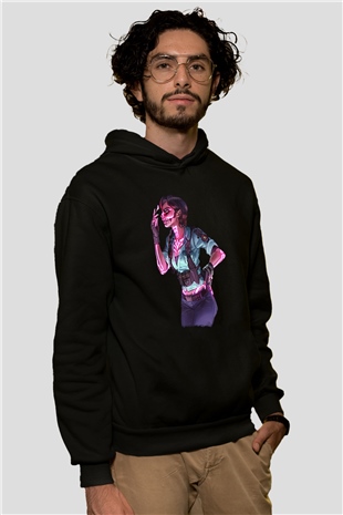 Caveira Baskılı Unisex Siyah Kapüşonlu Sweatshirt