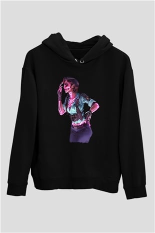 Caveira Baskılı Unisex Siyah Kapüşonlu Sweatshirt