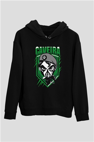Caveira Baskılı Unisex Siyah Kapüşonlu Sweatshirt