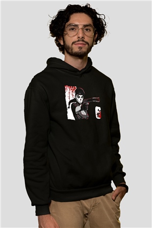 Caveira Baskılı Unisex Siyah Kapüşonlu Sweatshirt