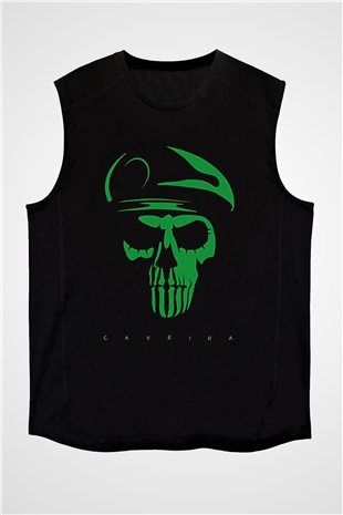 Caveira Baskılı Unisex Siyah Kolsuz Tişört - Tshirt