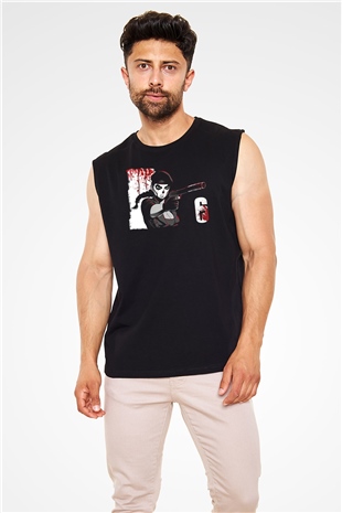 Caveira Baskılı Unisex Siyah Kolsuz Tişört - Tshirt