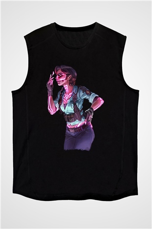 Caveira Baskılı Unisex Siyah Kolsuz Tişört - Tshirt