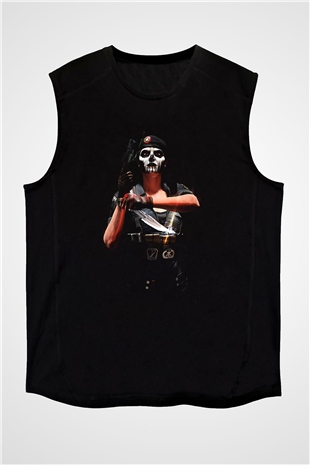 Caveira Baskılı Unisex Siyah Kolsuz Tişört - Tshirt