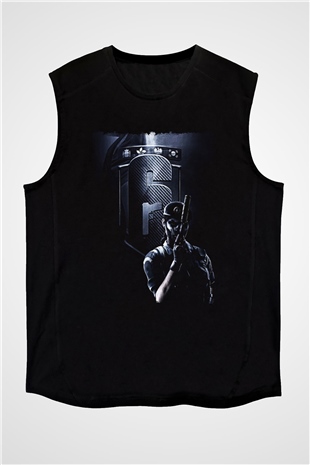 Caveira Baskılı Unisex Siyah Kolsuz Tişört - Tshirt