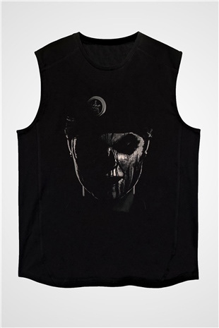 Caveira Baskılı Unisex Siyah Kolsuz Tişört - Tshirt