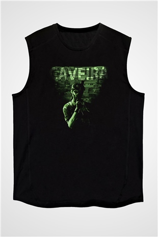 Caveira Baskılı Unisex Siyah Kolsuz Tişört - Tshirt