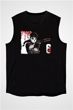 Caveira Baskılı Unisex Siyah Kolsuz Tişört - Tshirt