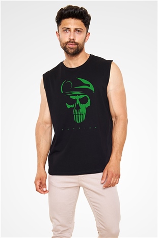 Caveira Baskılı Unisex Siyah Kolsuz Tişört - Tshirt