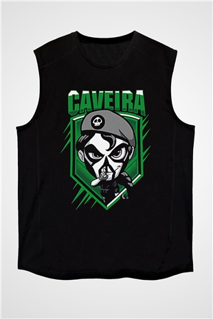 Caveira Baskılı Unisex Siyah Kolsuz Tişört - Tshirt