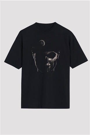 Caveira Baskılı Unisex Siyah Oversize Tişört - Tshirt