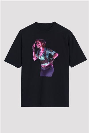 Caveira Baskılı Unisex Siyah Oversize Tişört - Tshirt