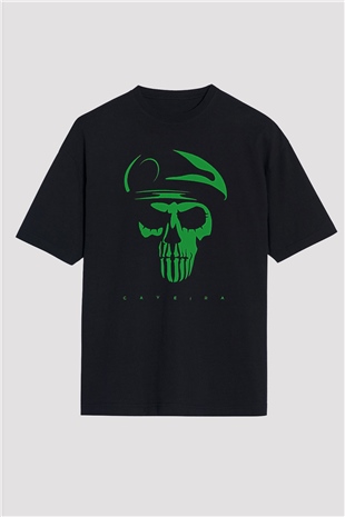 Caveira Baskılı Unisex Siyah Oversize Tişört - Tshirt
