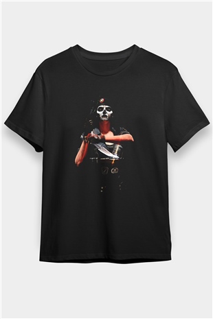 Caveira Baskılı Unisex Siyah Tişört - Tshirt