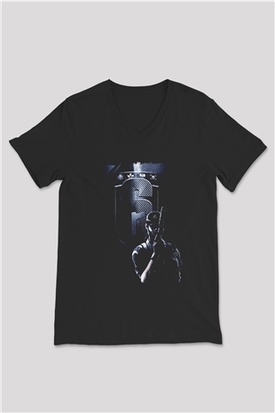 Caveira Baskılı Unisex Siyah V Yaka Tişört - Tshirt