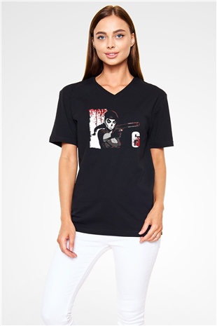 Caveira Baskılı Unisex Siyah V Yaka Tişört - Tshirt