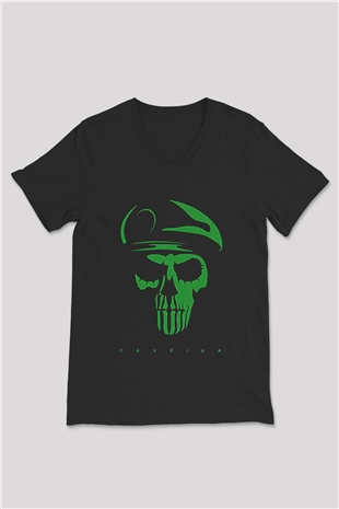 Caveira Baskılı Unisex Siyah V Yaka Tişört - Tshirt