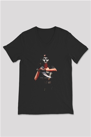 Caveira Baskılı Unisex Siyah V Yaka Tişört - Tshirt