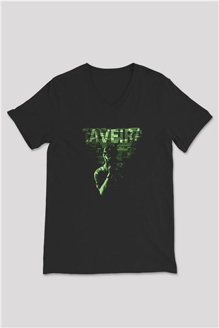 Caveira Baskılı Unisex Siyah V Yaka Tişört - Tshirt