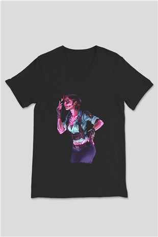 Caveira Baskılı Unisex Siyah V Yaka Tişört - Tshirt