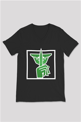 Caveira Baskılı Unisex Siyah V Yaka Tişört - Tshirt