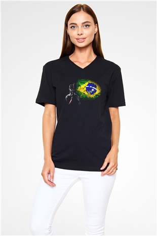 Caveira Baskılı Unisex Siyah V Yaka Tişört - Tshirt