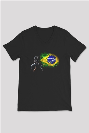 Caveira Baskılı Unisex Siyah V Yaka Tişört - Tshirt