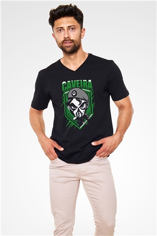 Caveira Baskılı Unisex Siyah V Yaka Tişört - Tshirt