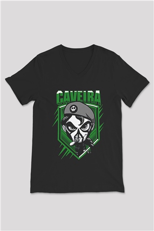 Caveira Baskılı Unisex Siyah V Yaka Tişört - Tshirt