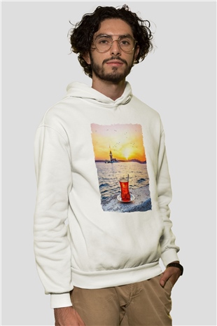 Çaycı Beyaz Unisex Kapüşonlu Sweatshirt