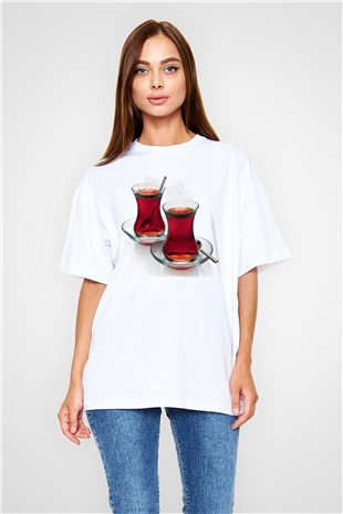 Çaycı Beyaz Oversize Tişört Oversize T-shirt - TişörtFabrikası