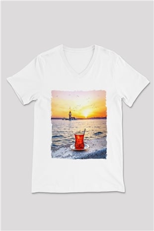 Çaycı Beyaz Unisex V Yaka Tişört