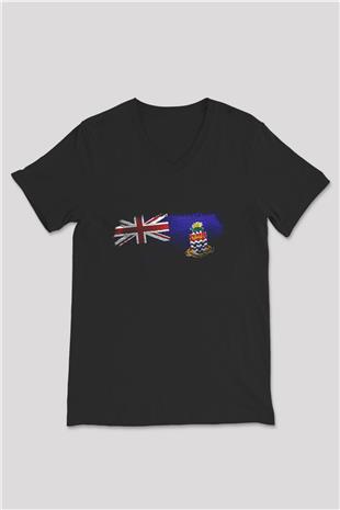 Cayman Adaları - Cayman İslands Bayrağı Baskılı Unisex Siyah V Yaka Tişört