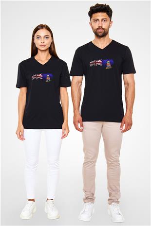 Cayman Adaları - Cayman İslands Bayrağı Baskılı Unisex Siyah V Yaka Tişört