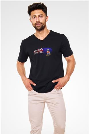 Cayman Adaları - Cayman İslands Bayrağı Baskılı Unisex Siyah V Yaka Tişört