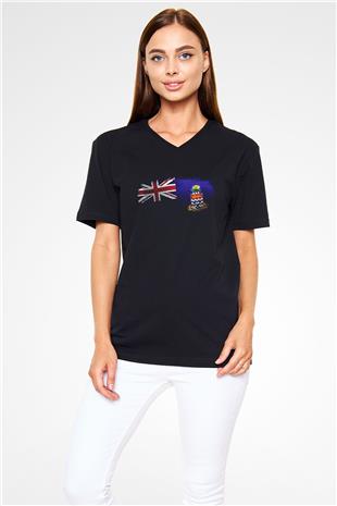 Cayman Adaları - Cayman İslands Bayrağı Baskılı Unisex Siyah V Yaka Tişört