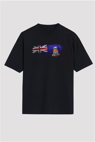 Cayman Adaları - Cayman İslands Bayrağı Baskılı Unisex Siyah Oversize Tişört