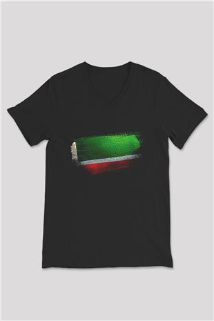 Çeçenistan - Chechnya - Chechen Republic Bayrağı Baskılı Unisex Siyah V Yaka Tişört
