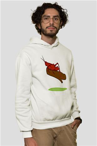 Çekirge Baskılı Beyaz Unisex Hoodie