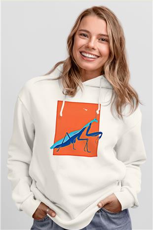 Çekirge Baskılı Beyaz Unisex Hoodie