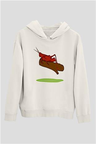 Çekirge Baskılı Beyaz Unisex Hoodie