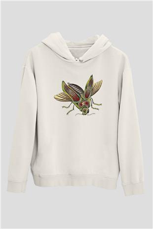 Çekirge Baskılı Beyaz Unisex Hoodie