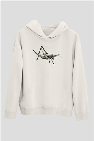 Çekirge Baskılı Beyaz Unisex Hoodie