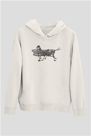 Çekirge Baskılı Beyaz Unisex Hoodie