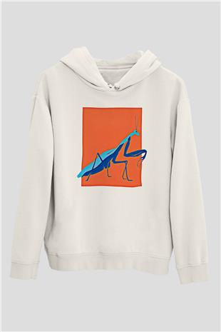 Çekirge Baskılı Beyaz Unisex Hoodie