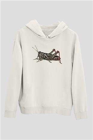 Çekirge Baskılı Beyaz Unisex Hoodie