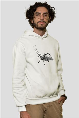 Çekirge Baskılı Beyaz Unisex Hoodie