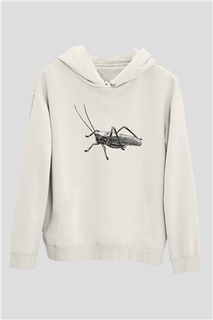 Çekirge Baskılı Beyaz Unisex Hoodie